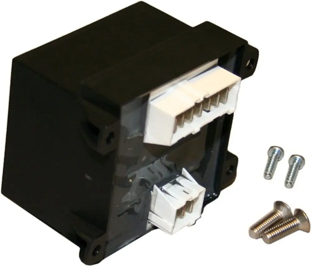 Schwarzer Transformator von Bosch mit zwei weißen Anschlüssen und Schrauben auf einem neutralen Hintergrund.